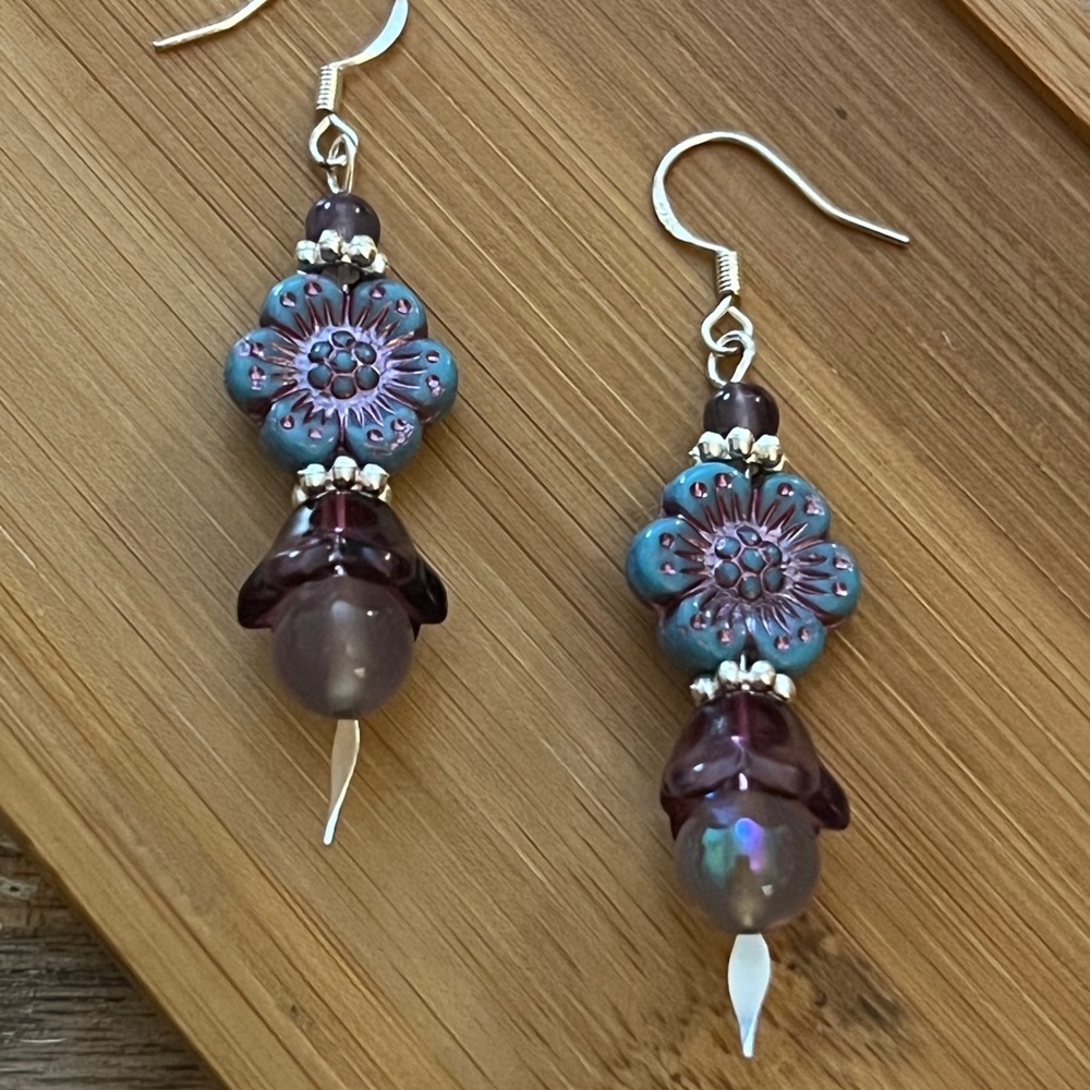 New Gorgeous Labradorite & Blue With Purple Wash Czech Glass Flower Earrings